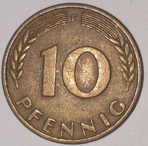 1966 F - 10 PFENNIG - TEN PFENNIG - GERMANY - FEDERAL REPUBLIC - (Brass Clad Steel) KM# 108